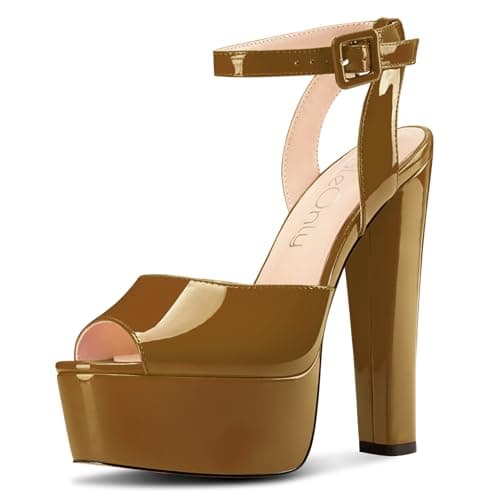 NobleOnly Chunky Heel Ankle Strap Sandals for Women Wedding Party Prom 5.9 Inches — Brown