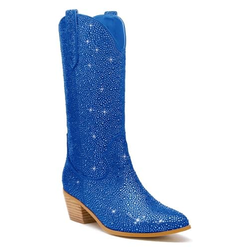 KEEISEA Women's Sparkle Rhinestone Cowboy Boots Wide Glitter Fashion Party — Mid-calf Blue