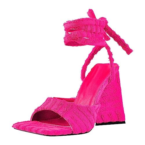 Richealnana Women's Square Toe Chunky Heel Strappy Sandals — Rose Red