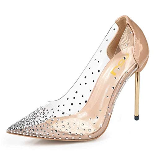 FSJ Women's Studded Pointed Toe Transparent High Heels with Bowknot US 4-15 M — Nude