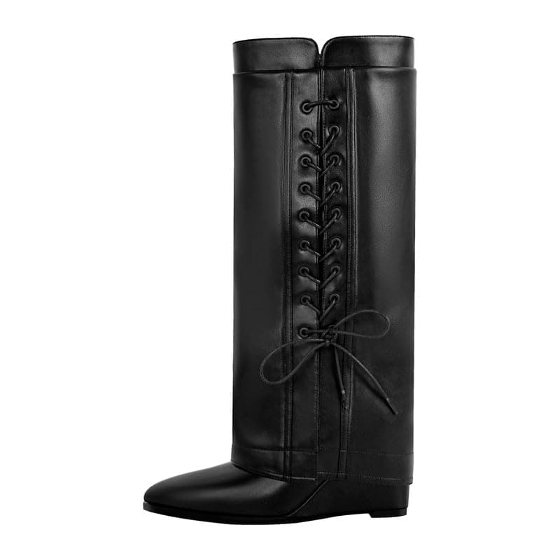 Richealnana Women's Fold Over High Heel Knee High Boots — Black Strap