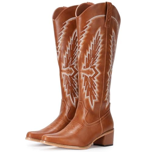 IUV Women's Knee High Western Pointy Toe Cowgirl Boots Chunky Heel Zipper — Brown