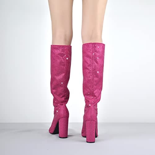 Richealnana Women's Rhinestones Block Heel Knee High Booties