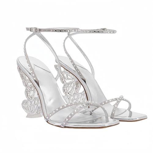 Longwenxuan Open Pointed Ankle Strap Rhinestone Heels for Women — White