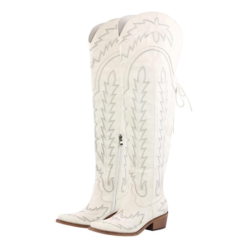 Sexytag Thigh High Western Cowboy Boots with Embroidery — White