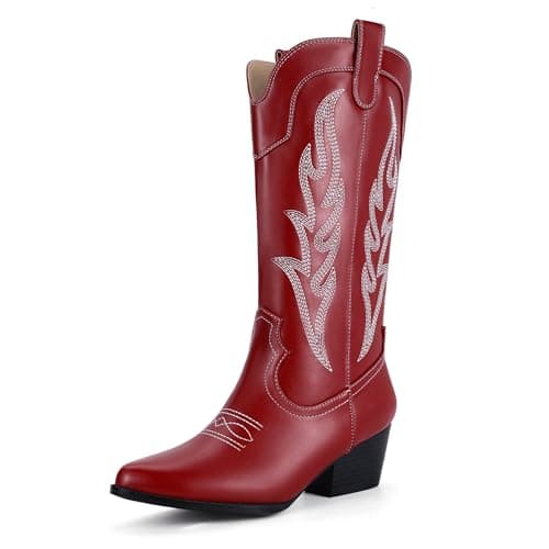 IDIFU IN2 Mid Calf Cowboy Boots for Womenchunky Low Heel Western Embroidery — Red