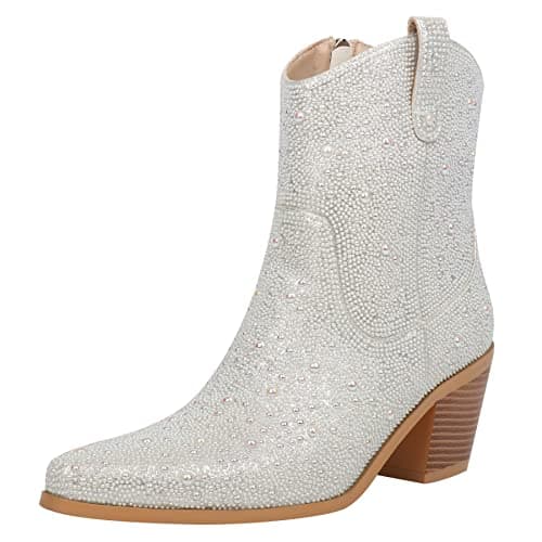 FIFSY Women's Glitter Rhinestone Chunky Heel Ankle Boots… — Pearl-silver