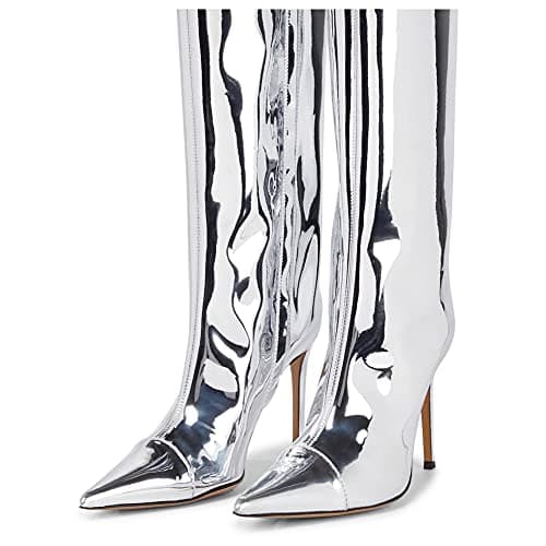 Arqa Women's Chrome Zipper Knee High Stiletto Heel Boot
