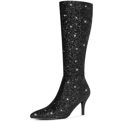 Perphy Women's Sparkly Stiletto Heel Knee High Boots — Black