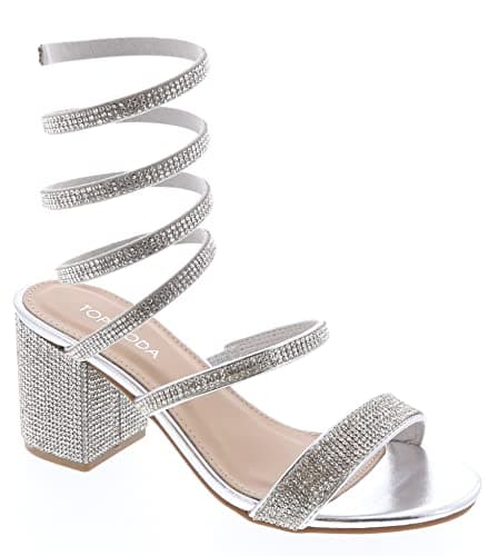 Top Moda Women's Rhinestone Spiral Ankle Strap Heels Sandals — Silver Rhinestone