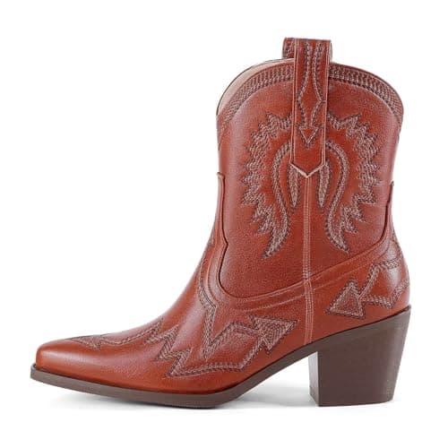 Western Metallic Embroidered Boots for Women - HOCHFART Wide Calf Heel Pull-OnCowgirl — Brown