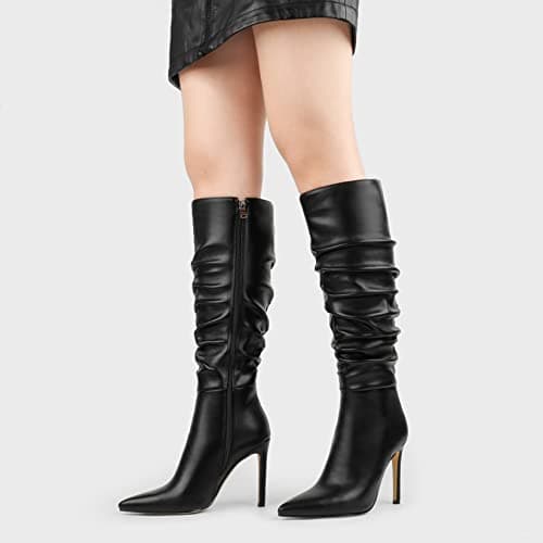 COLETER Women's Knee High Stiletto Buckle Dress Boots with Slouch Zipper