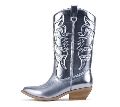 Women's Western Cowboy Pointe Toe Ankle Boots - RENO Soda — Sky Blue Metallic