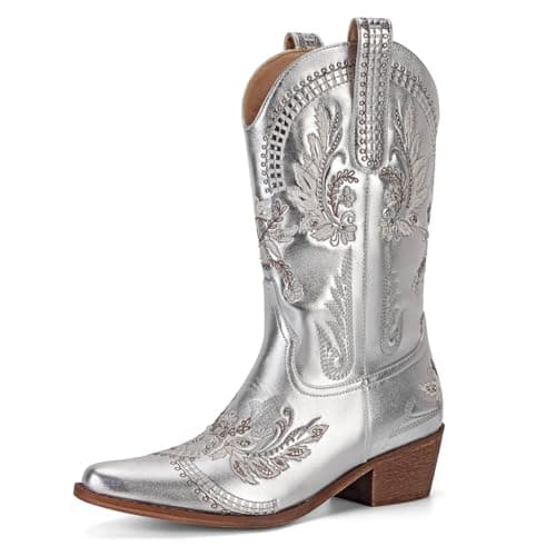 STALOV Women's Embroidered Cowgirl Ankle Boots, Pointed Toe Chunky Heel — Silver&rhinestone
