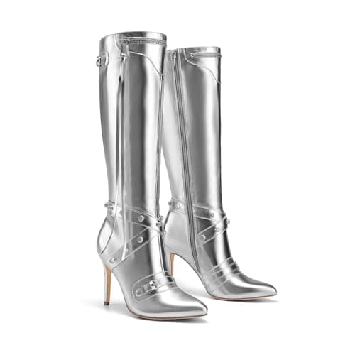 Dream Pairs Women's Metallic Knee High Stiletto Heeled Pointed Toe Dress Boots with Stud Zip Tassel