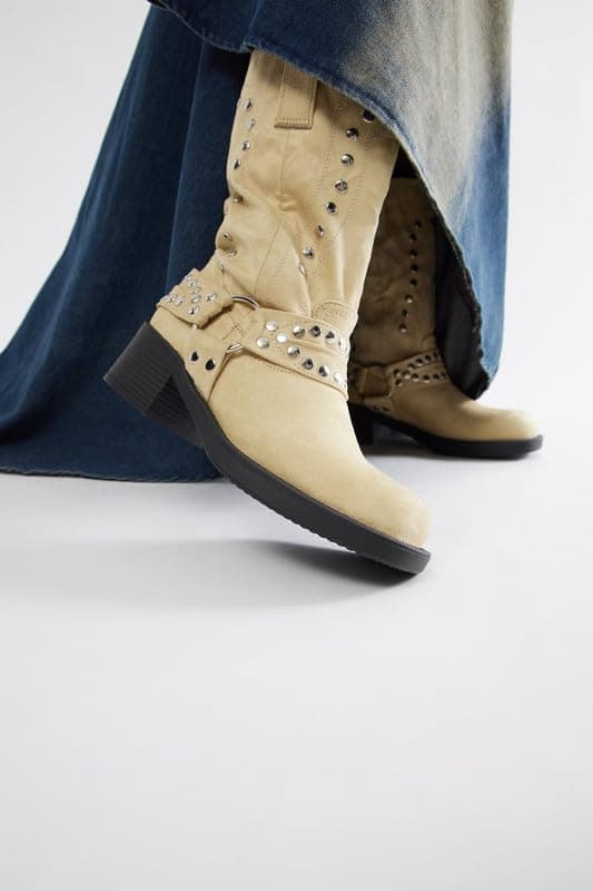 Richealnana Women's Studded Faux Suede Moto Boots