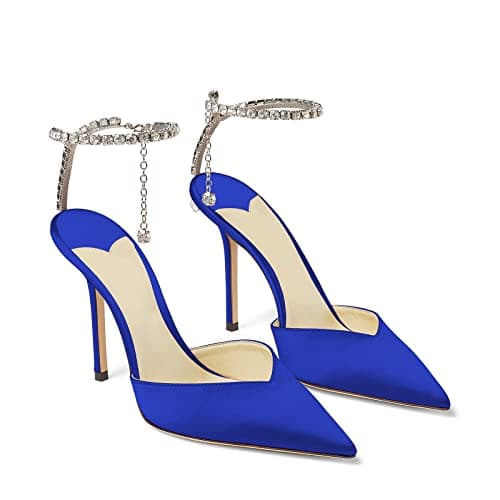 LauraVicci Women's Crystal Chain Heeled Sandals with Rhinestones Buckle Satin Shoes — Royal Blue Satin