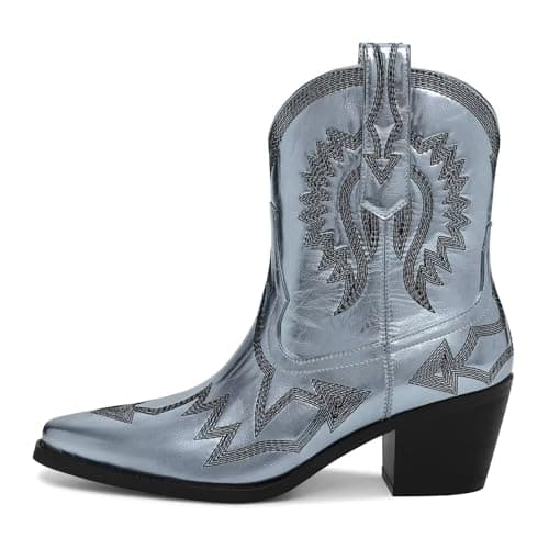 Western Metallic Embroidered Boots for Women - HOCHFART Wide Calf Heel Pull-OnCowgirl — Blue