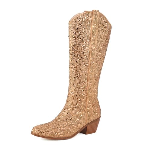 XEYANFYS Women's Sparkly Rhinestone Western Mid Calf Boots — Gold