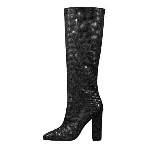 Richealnana Women's Rhinestone Block Heel Knee-High Boots — Black