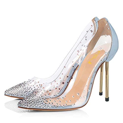 FSJ Women's Studded Pointed Toe Transparent High Heels with Bowknot US 4-15 M — Light Blue