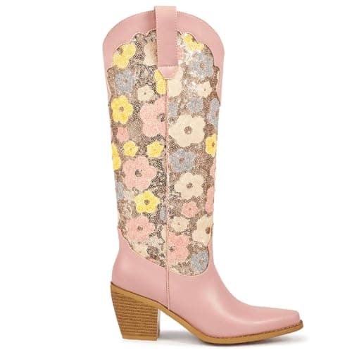 Richealnana Women's Floral Embroidered Western Cowgirl Boots
