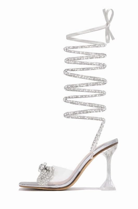 Sexytag Diamante Bow Rhinestone Stiletto Heels Lace Up Sandals — Silver