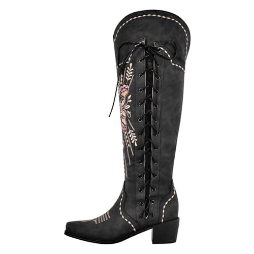Yolkomo Wide Calf Embroidered Western Cowgirl Boots — Black