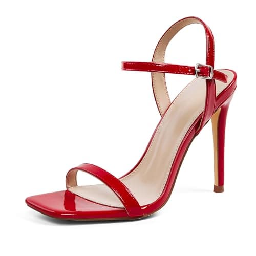 Genshuo Women's 4 Inch Stiletto Heels, Square Toe Strap Buckle Party Shoes — Red Patent