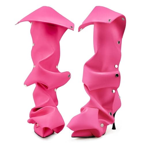 KaroNairy Women's Knee High Stiletto Boot with Detachable Panel — Pink-1