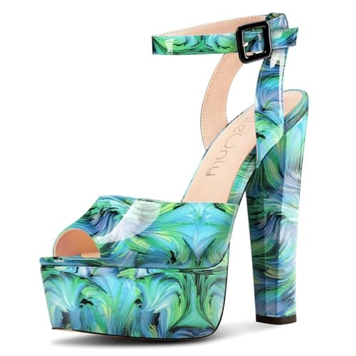 NobleOnly Chunky Heel Ankle Strap Sandals for Women Wedding Party Prom 5.9 Inches — Green Vortex