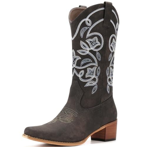 IUV Women's Pointy Toe Western Boots Mid Calf Cowgirl Boots — Dark Grey