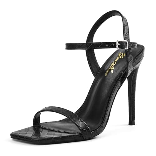 Genshuo Women's 4 Inch Stiletto Heels, Square Toe Strap Buckle Party Shoes — Black Matte Grain