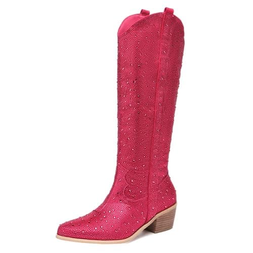 Sparkly Rhinestone Knee High Boots for Women Cowgirl Bling Shoes — Pink