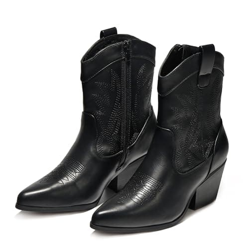 PEPPEP Collection Western Cowgirl Boots for Women, Vegan Leather, Embroidered Mid Calf Heel — Chunky Black