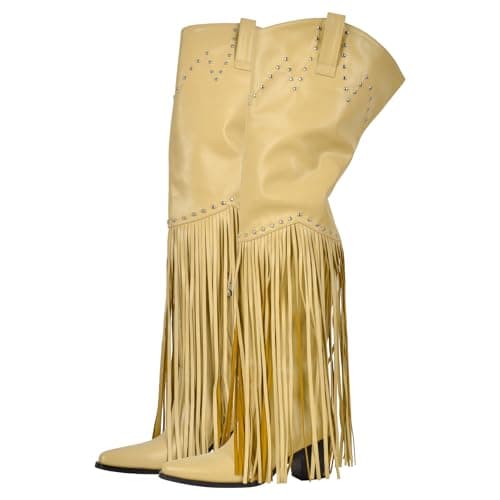 Richealnini Fringe Thigh High Zip-Up Western Boots — Yellow