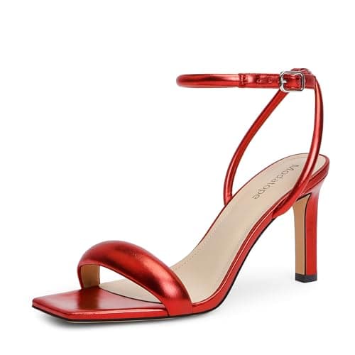 Modatope Women's Square Toe Strappy Ankle Strap Heels for Party & Daily Wear — Red