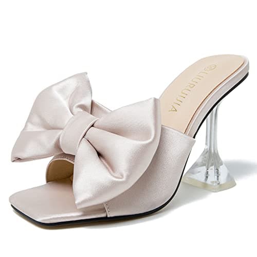 LIURUIJIA Women's Bow Heels Mules Slip-On Wedding Shoes — Nude