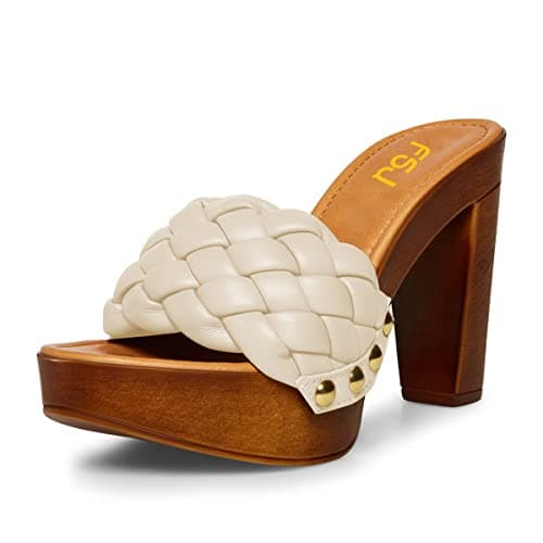 FSJ Women's Braided Chunky Heel Slip On Sandal Size 4-15 US — White