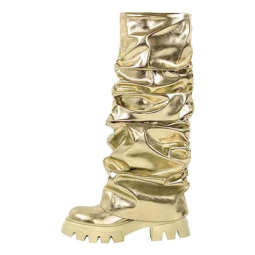 Richealnini Women's Metallic Knee High Pull-On Slouch Heels — Golden
