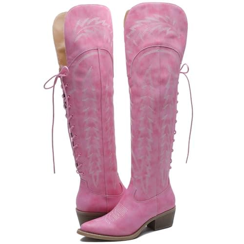 GLOBALWIN Women's Western Thigh High Cowboy Boot Low Heel — 23yy08 Pink
