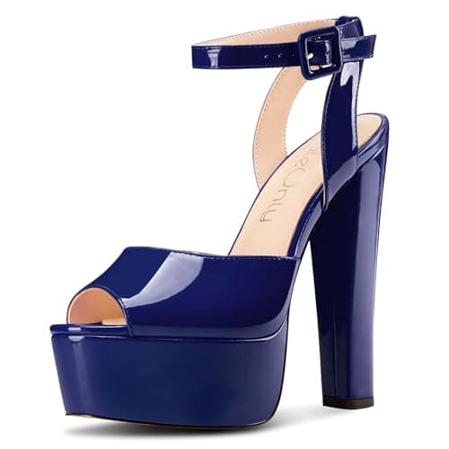 NobleOnly Chunky Heel Ankle Strap Sandals for Women Wedding Party Prom 5.9 Inches — Navy Blue