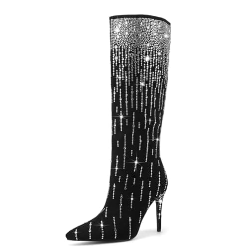 GOSERCE Women's Black Rhinestone Knee High Sparkly Stiletto Heel Boots — Suede-black
