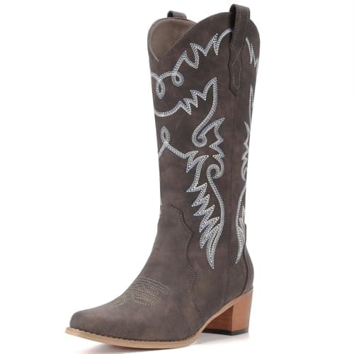 IXU Women's Pointy Toe Mid Calf Western Cowgirl Boots — Dark Grey