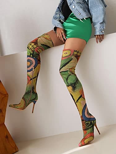 Vivianly Women's Printed Stretch Thigh High Booties Pointy Stiletto Heel
