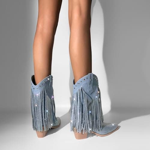 Sexytag Women's Sparkly Fringe Cowgirl Western Mid-Calf Boots