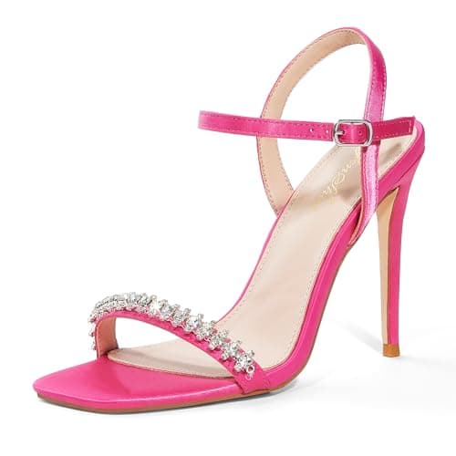 Genshuo Women's 4 Inch Stiletto Heels, Square Toe Strap Buckle Party Shoes — Hot Pink With Rhinestone