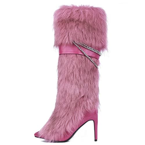 Ouwilov Pink Fluffy Knee-High Boots for Women Warm Winter Fashion