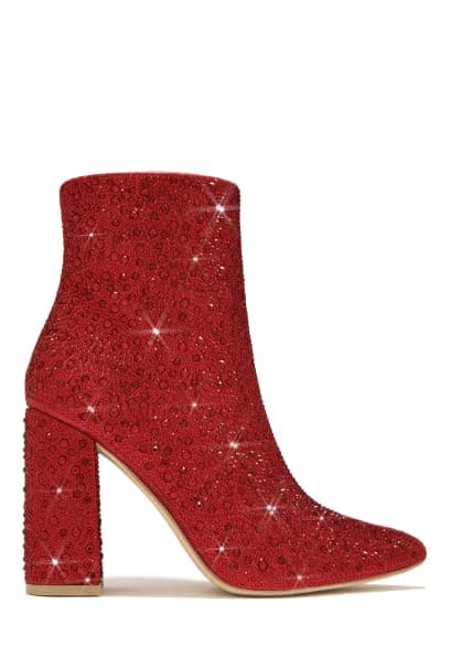 PAZZLE Women's Rhinestone Block Heel Short Knee High Booties Runway-01 — Red