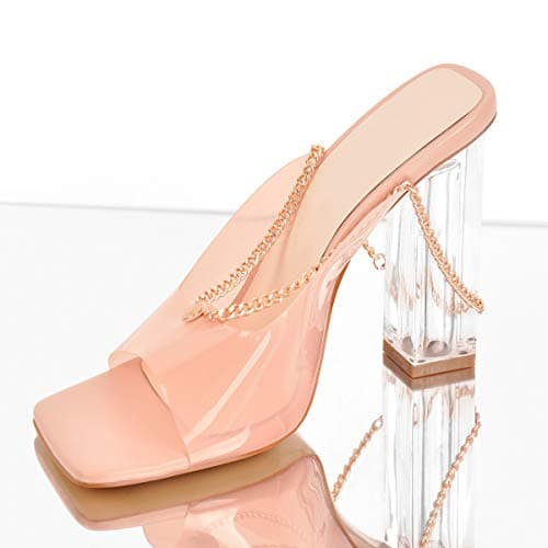 Richealnana Women's Square Toe Clear Block Heel Chain Sandals